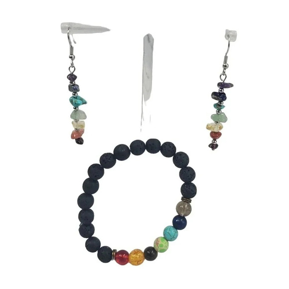 Beautiful Chakra Stones Earrings and Matching Black Lava Stone Chakra Bracelet. - Picture 7 of 9